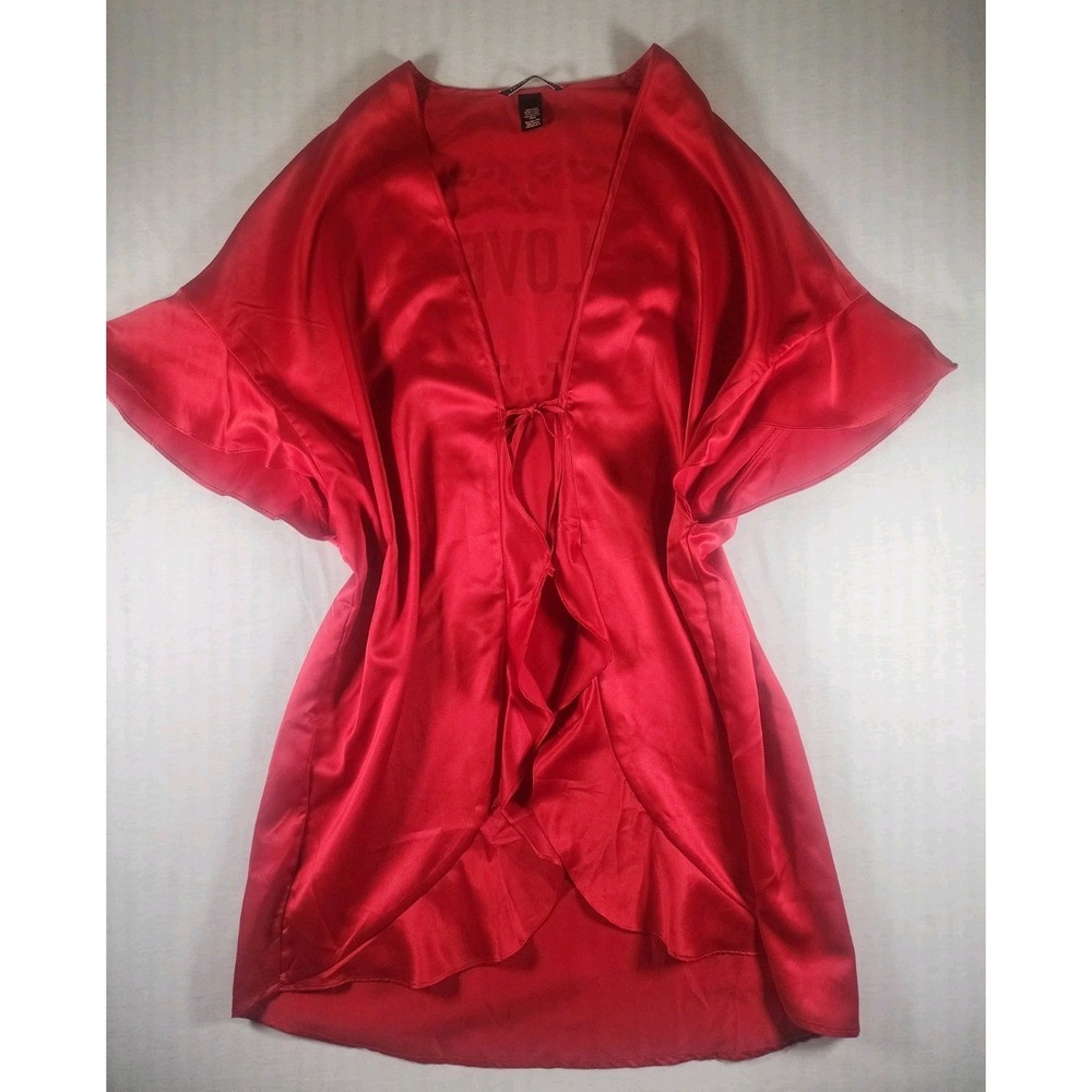 Victoria's Secret Robe Women OS Red Satin Love Heart Kimono Tie Ruffle Valentine